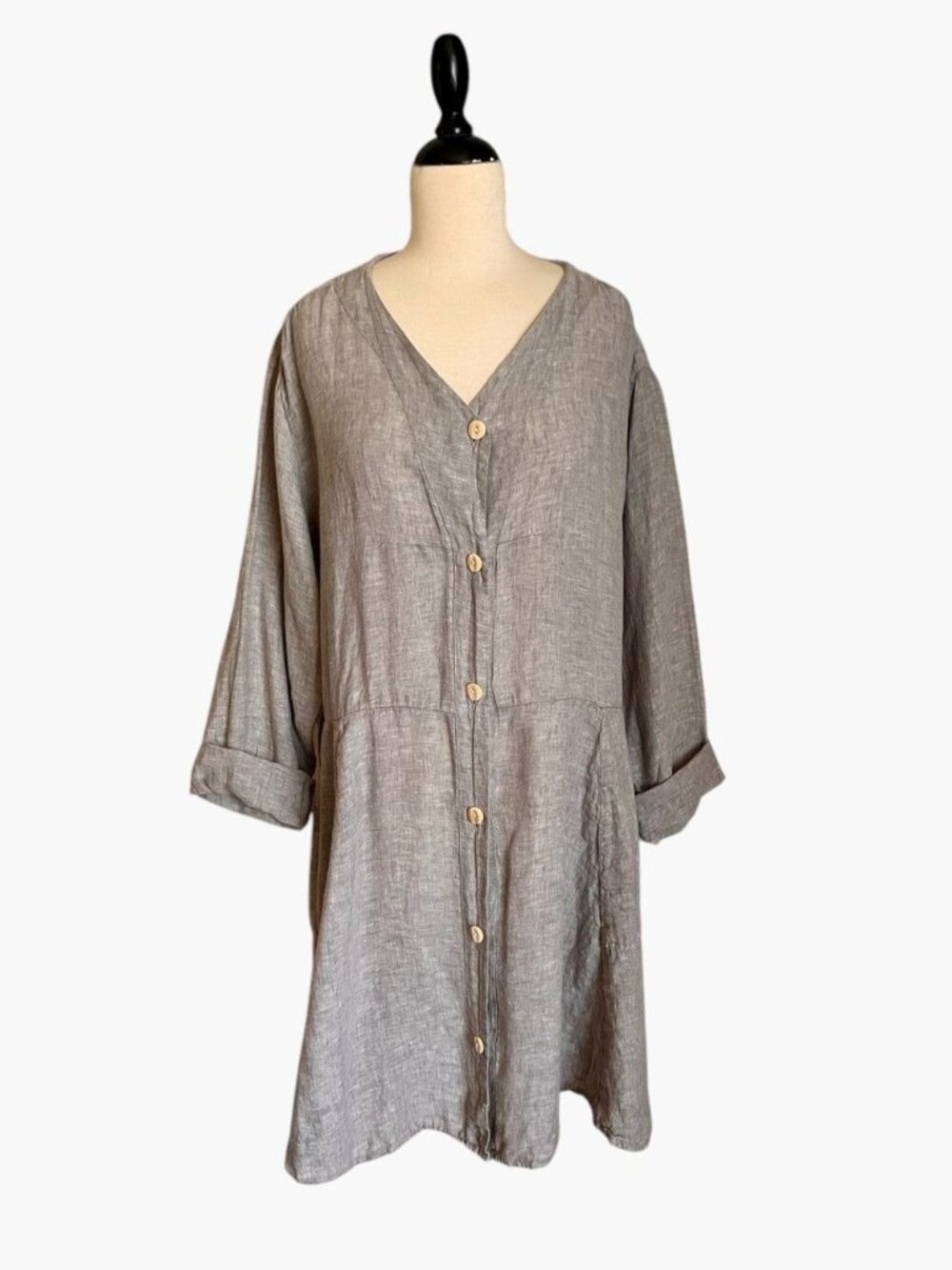 Vintage FLAX Jeanne Engelhart Gray 100% Linen Button Front Dress Large Pockets